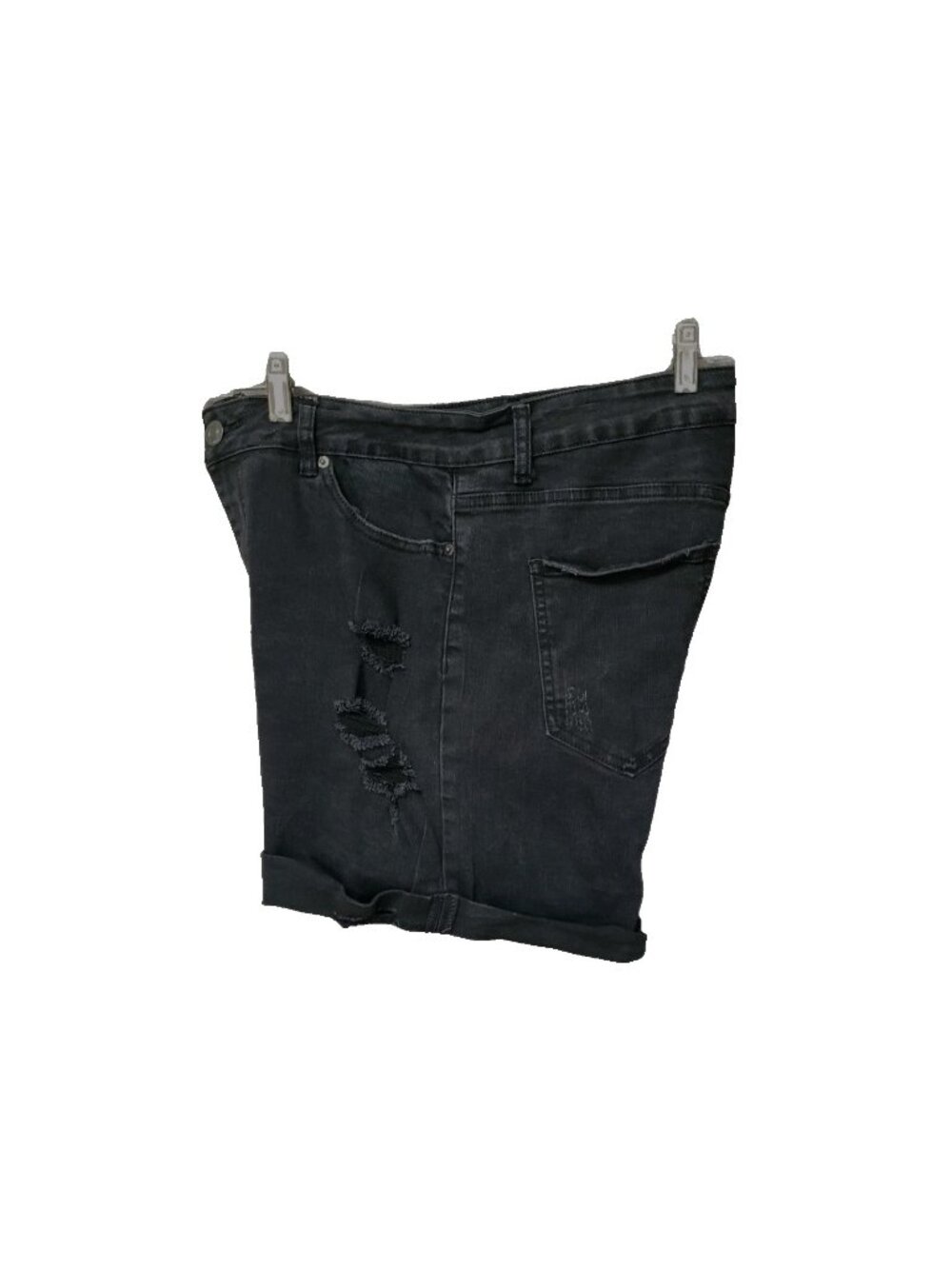 Rue 21 Womens Black Denim Shorts High Rise Shortie 14 Stretch Roll Cuff Distress